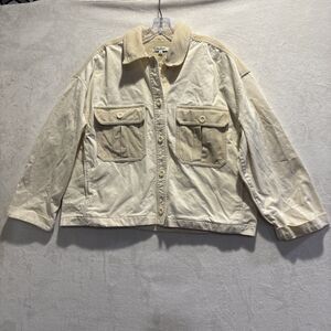 Madewell Women’s Cotton Chino Boxy Shirt Jacket Natural Size Large Elbow Patches